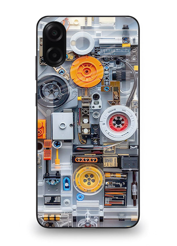 Industrial gears and circuit panel with orange accents for Samsung M13 5G Back Cover