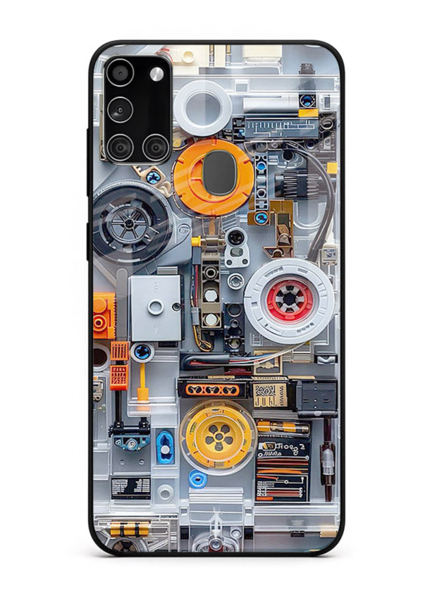 Industrial gears and circuit panel with orange accents for Samsung A21s Back Cover