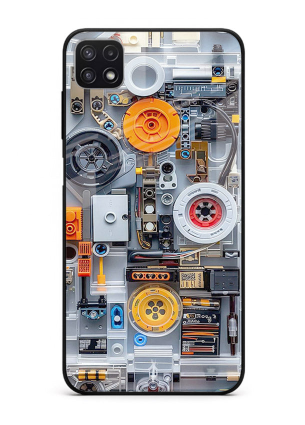 Industrial gears and circuit panel with orange accents for Samsung F42 5G Back Cover
