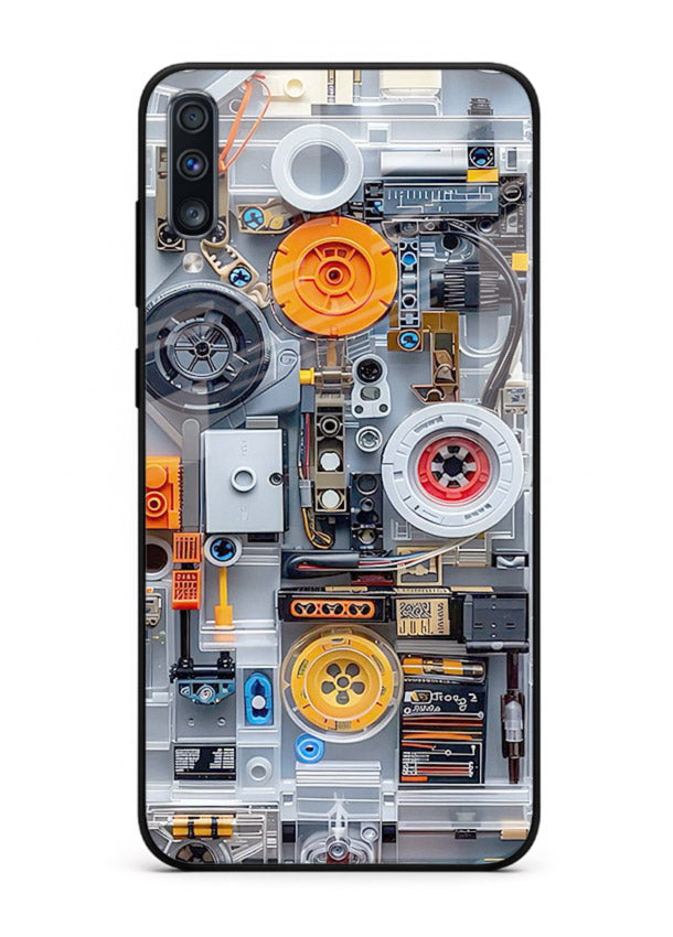 Industrial gears and circuit panel with orange accents for Samsung A50 Back Cover