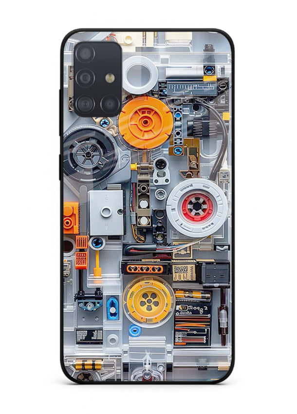 Industrial gears and circuit panel with orange accents for Samsung A51 Back Cover
