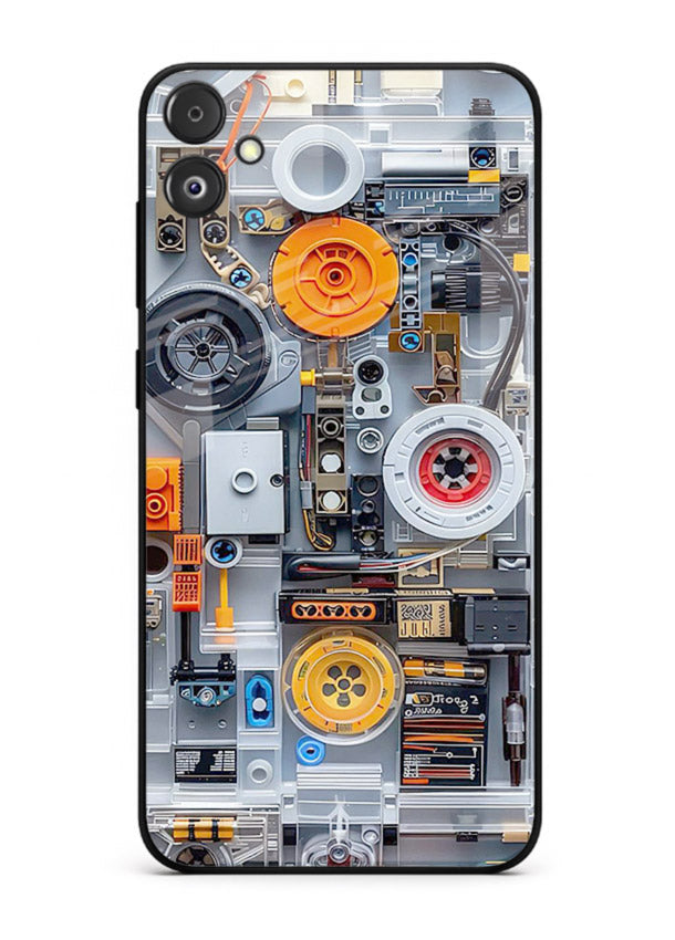 Industrial gears and circuit panel with orange accents for Samsung F14 5G Back Cover