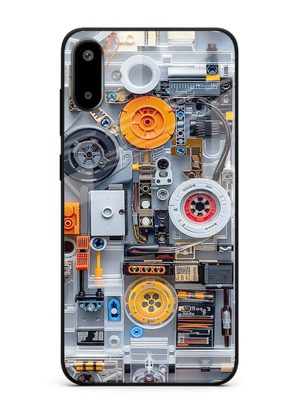 Industrial gears and circuit panel with orange accents for Samsung F06 5G Back Cover