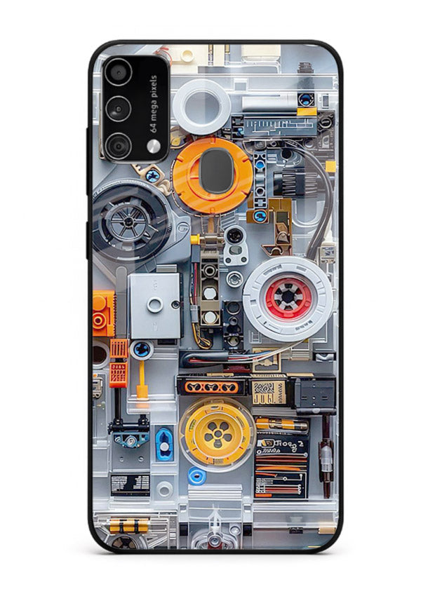 Industrial gears and circuit panel with orange accents for Samsung F41 Back Cover