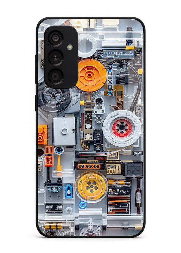 Industrial gears and circuit panel with orange accents for Samsung M15 5G Back Cover