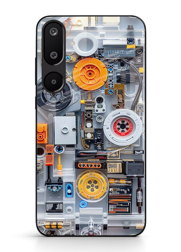 Industrial gears and circuit panel with orange accents for Samsung M16 5G Back Cover