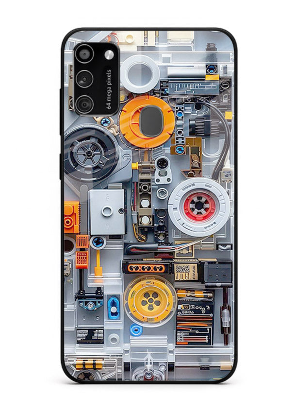 Industrial gears and circuit panel with orange accents for Samsung M30s Back Cover