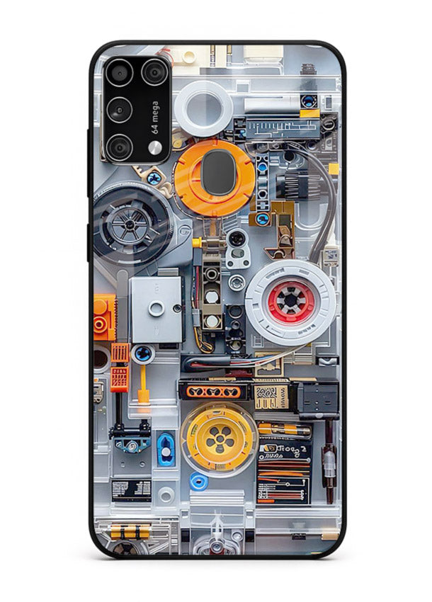 Industrial gears and circuit panel with orange accents for Samsung M31 Back Cover