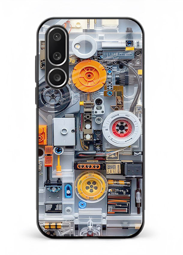 Industrial gears and circuit panel with orange accents for Samsung M56 5G Back Cover