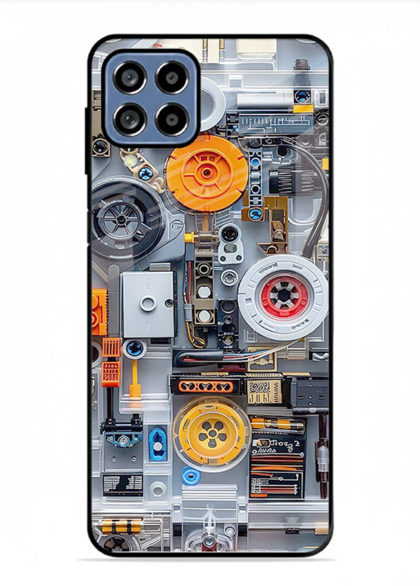 Industrial gears and circuit panel with orange accents for Samsung F12 5G Back Cover