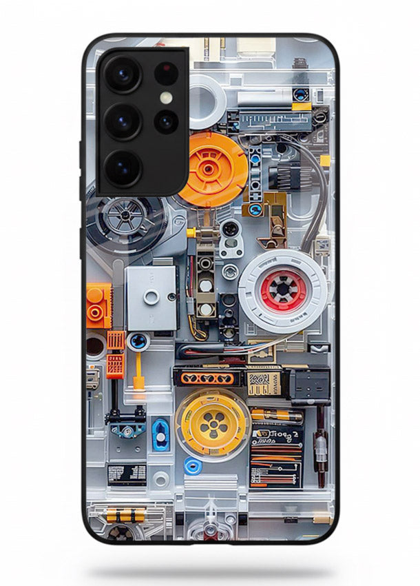 Industrial gears and circuit panel with orange accents for Samsung S21 Ultra Back Cover