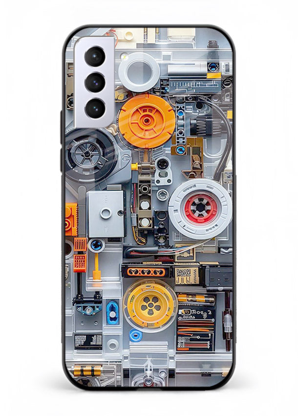 Industrial gears and circuit panel with orange accents for Samsung S21 Back Cover