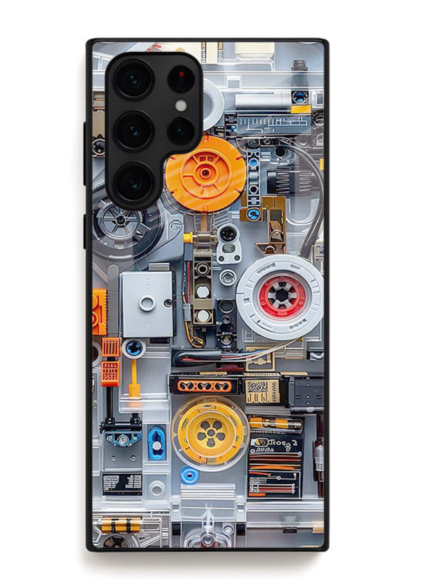 Industrial gears and circuit panel with orange accents for Samsung S22 Ultra Back Cover