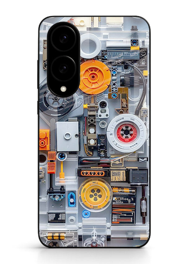 Industrial gears and circuit panel with orange accents for Samsung S25 Edge Back Cover