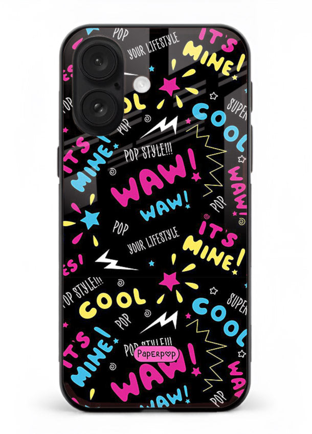 Neon Black Doodles neon artwork iphone 16 plus glass back cover