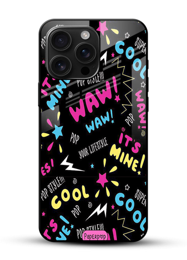 Neon Black Doodles neon artwork glossy vibrant premium glass back cover - Angle Front