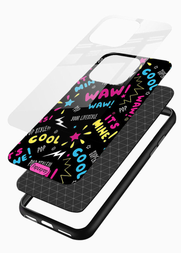 Neon Black Doodles neon artwork glossy vibrant premium glass back cover - Angle Layers
