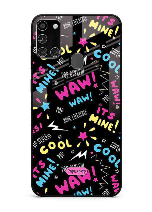 Neon Black Doodles neon artwork Samsung A21s glass back cover