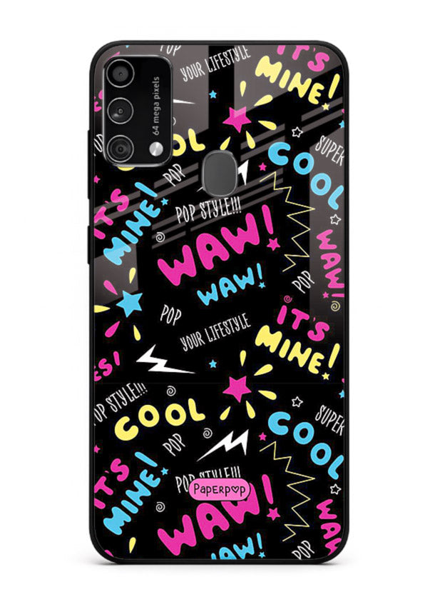 Neon Black Doodles neon artwork Samsung F41 glass back cover
