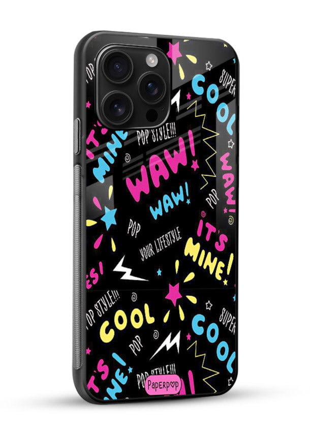Neon Black Doodles neon artwork glossy vibrant premium glass back cover - Angle Side