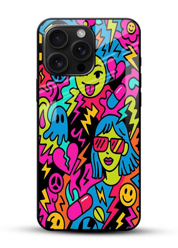 Neon Faces Pattern neon abstract artwork glossy vibrant premium glass back cover - Angle Front