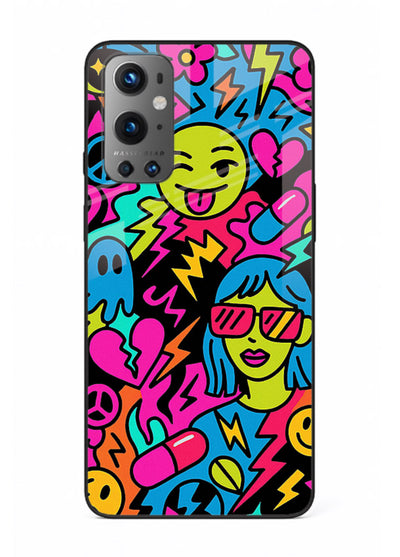 Neon Faces Pattern neon abstract artwork OnePlus 9 glass back cover