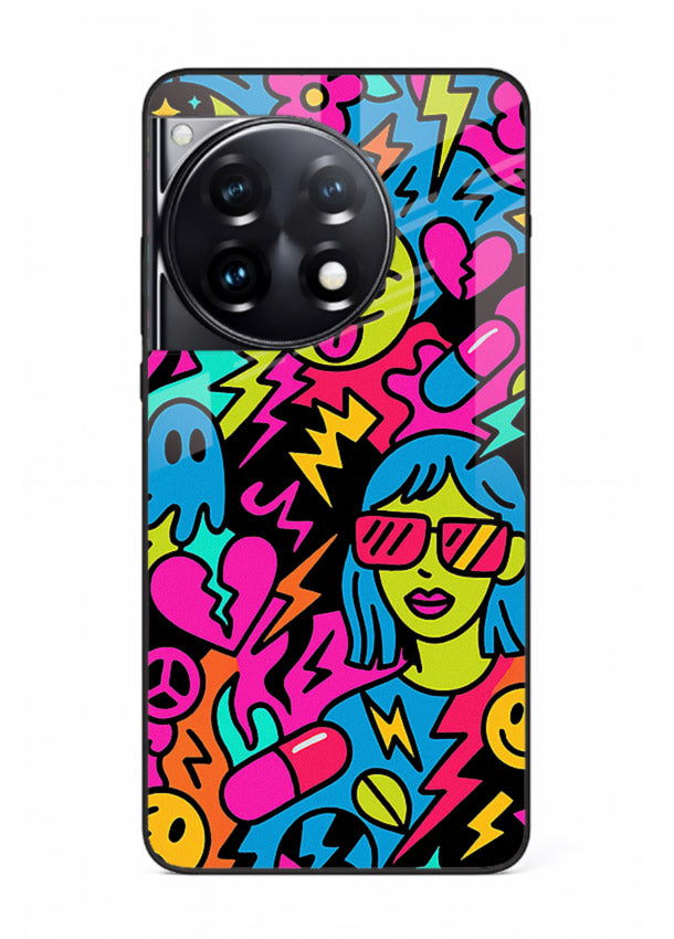 Neon Faces Pattern neon abstract artwork OnePlus 12R glass back cover