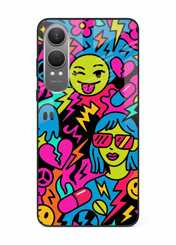 Neon Faces Pattern neon abstract artwork OnePlus Nord CE4 Lite glass back cover