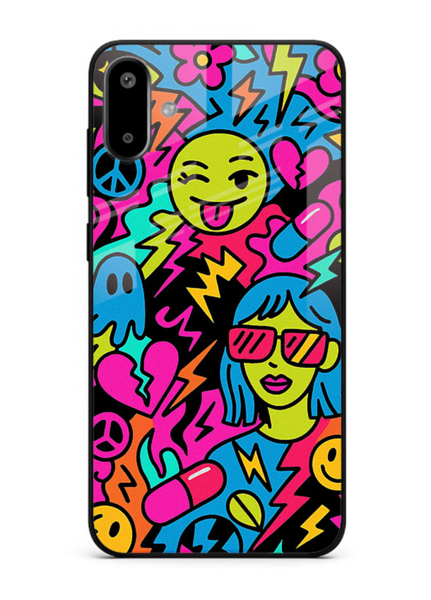 Neon Faces Pattern neon abstract artwork Samsung F06 5G glass back cover