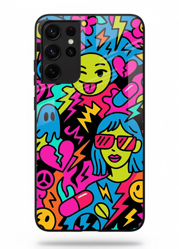Neon Faces Pattern neon abstract artwork Samsung S21 Ultra glass back cover