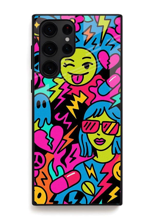 Neon Faces Pattern neon abstract artwork Samsung S24 Ultra glass back cover