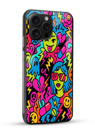 Neon Faces Pattern neon abstract artwork glossy vibrant premium glass back cover - Angle Side