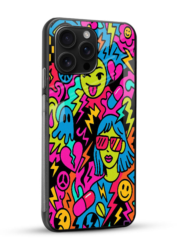 Neon Faces Pattern neon abstract artwork glossy vibrant premium glass back cover - Angle Side