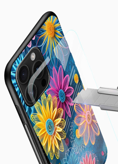 Neon Flower Burst neon floral pattern glossy vibrant premium glass back cover - Angle Blade