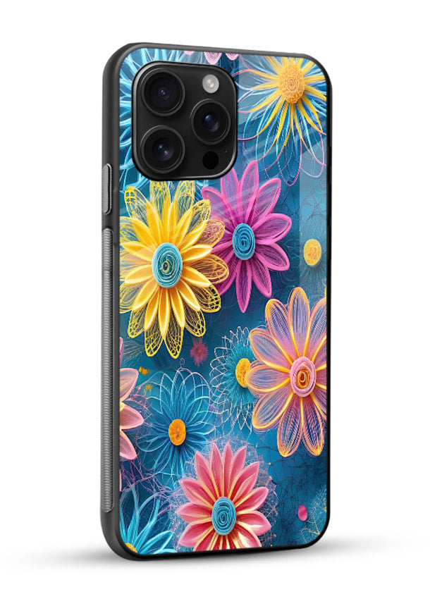 Neon Flower Burst neon floral pattern glossy vibrant premium glass back cover - Angle Side