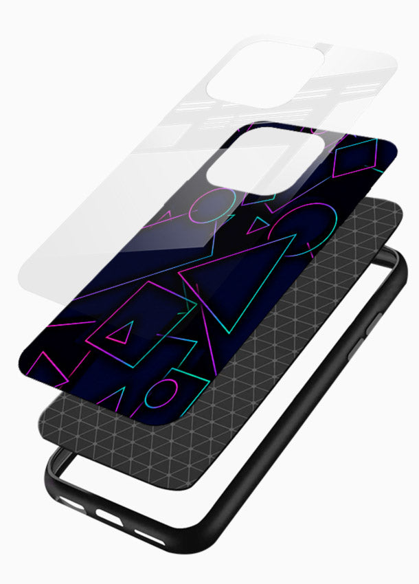 Neon Geometry Shapes glowing geometric pattern glossy vibrant premium glass back cover - Angle Layers