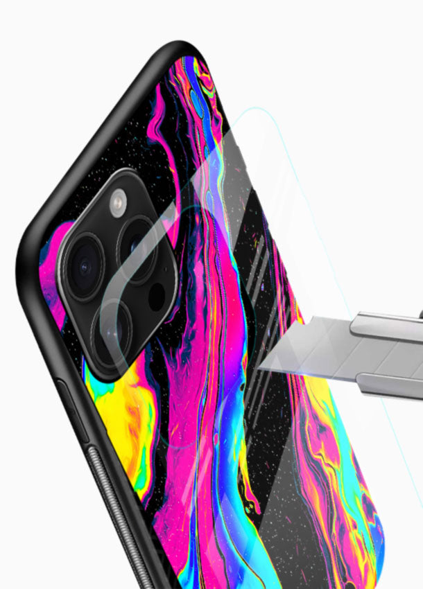 Neon Liquid Marble glass back cover with colorful swirl design on black background - 4