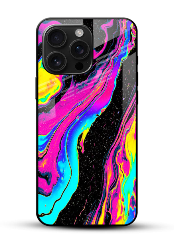 Neon Liquid Marble glass back cover with colorful swirl design on black background - 1