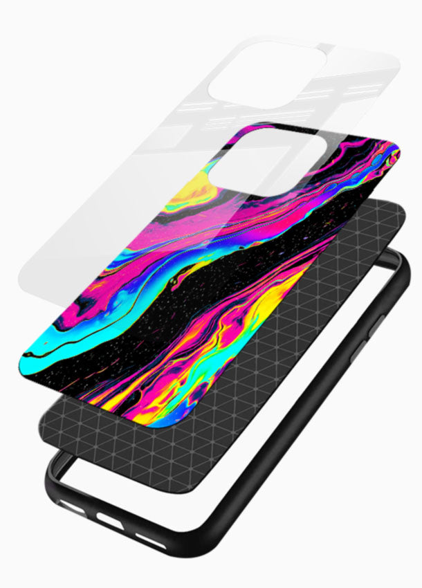 Neon Liquid Marble glass back cover with colorful swirl design on black background - 3