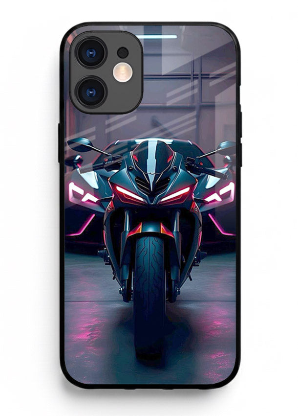 Neon sports bike artwork on glossy tempered glass iPhone 12 back cover
