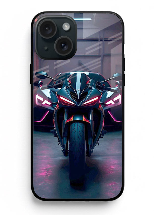 Neon sports bike artwork on glossy tempered glass iPhone 14 Plus back cover