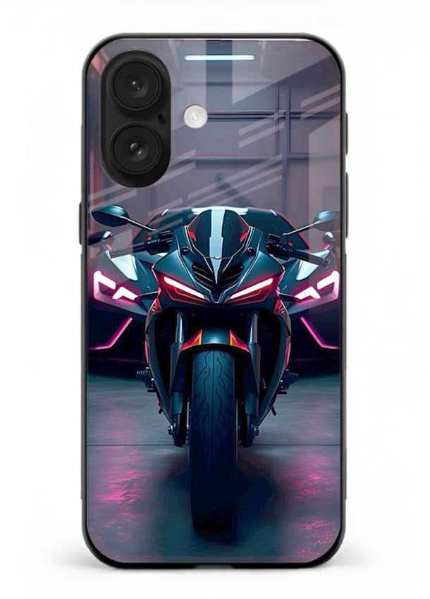 Neon sports bike artwork on glossy tempered glass iPhone 16 Plus back cover