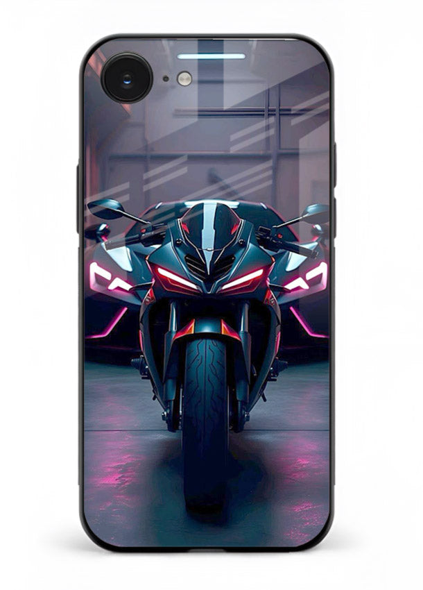 Neon sports bike artwork on glossy tempered glass iPhone 16E back cover