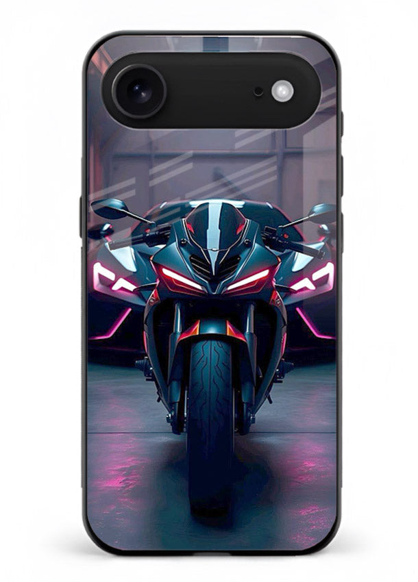 Neon sports bike artwork on glossy tempered glass iPhone 18 Air back cover