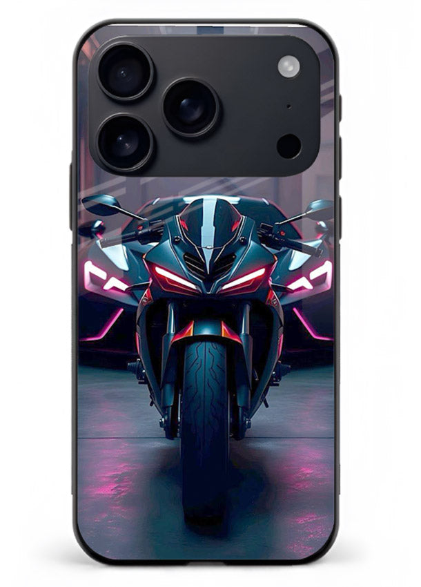 Neon sports bike artwork on glossy tempered glass iPhone 18 Pro Max back cover