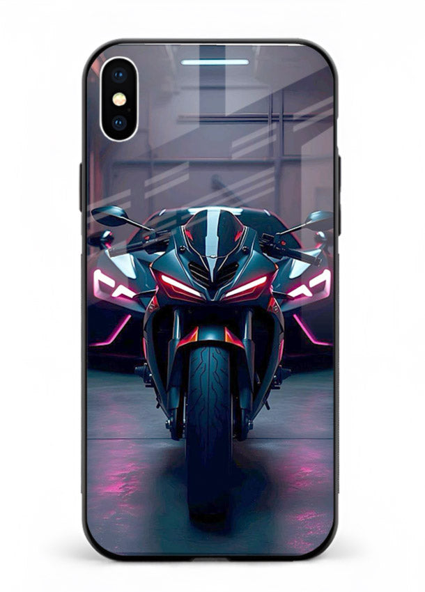 Neon sports bike artwork on glossy tempered glass iPhone XS Max back cover