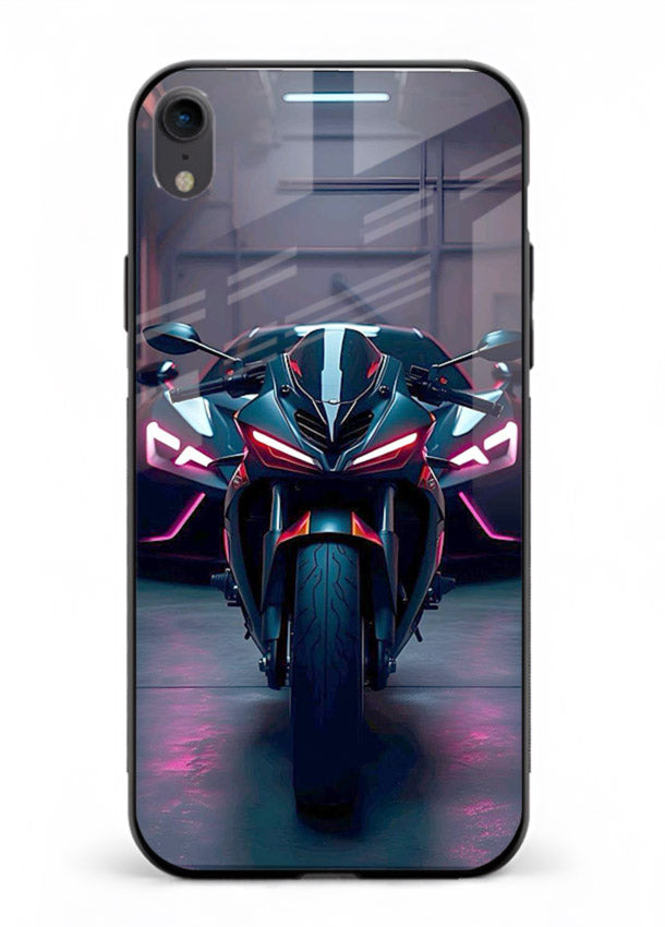 Neon sports bike artwork on glossy tempered glass iPhone XR back cover