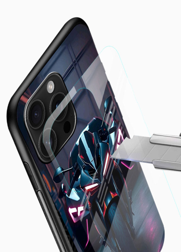 Neon sports bike artwork on glossy tempered glass phone back cover - 4