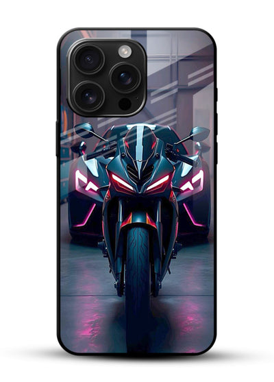 Neon sports bike artwork on glossy tempered glass phone back cover - 1