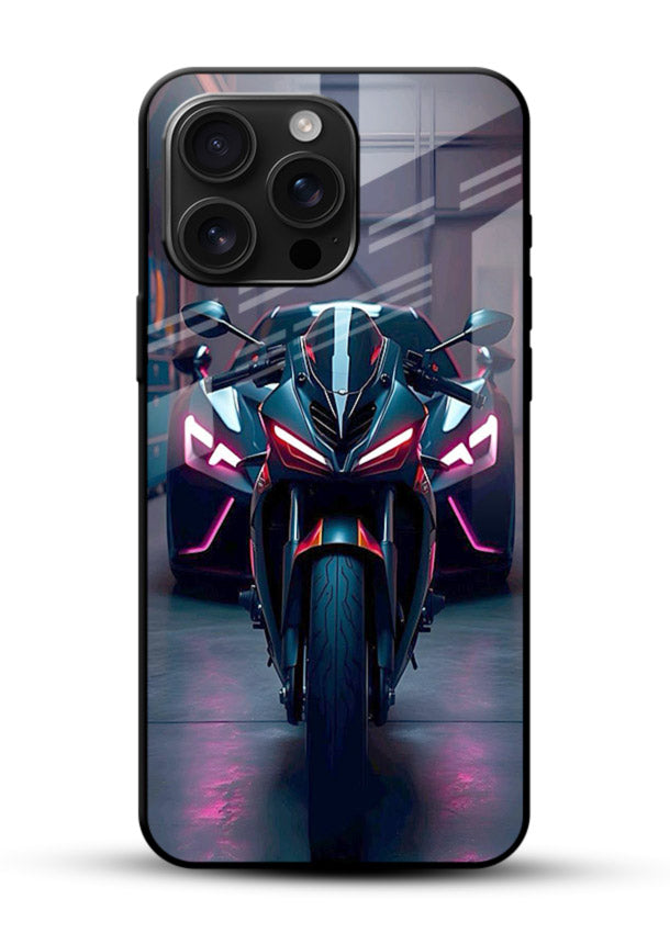 Neon sports bike artwork on glossy tempered glass phone back cover - 1